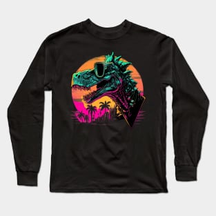 Retro Synthwave T-REX in Cool Sunglasses Long Sleeve T-Shirt